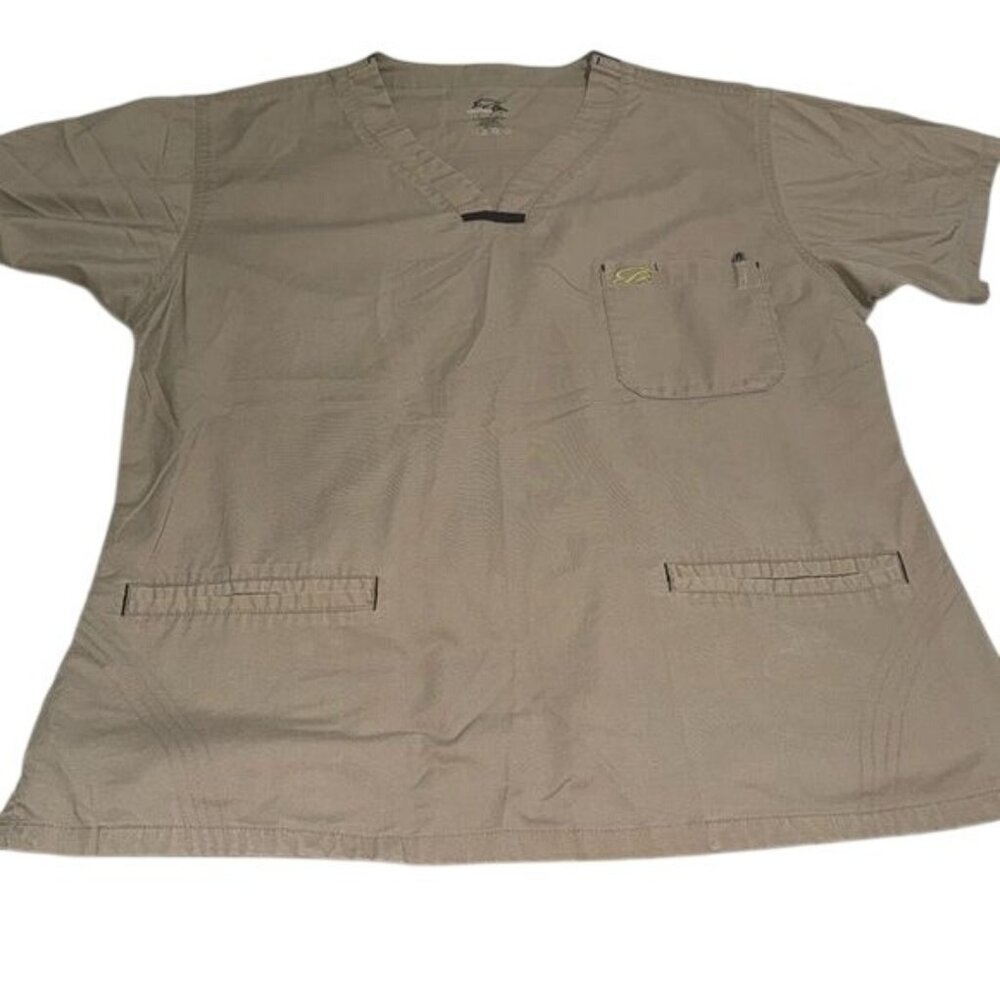 IguanaMed Medical Scrub Top L Tan Short Sleeve V-Neck Polyester Cotton Spandex